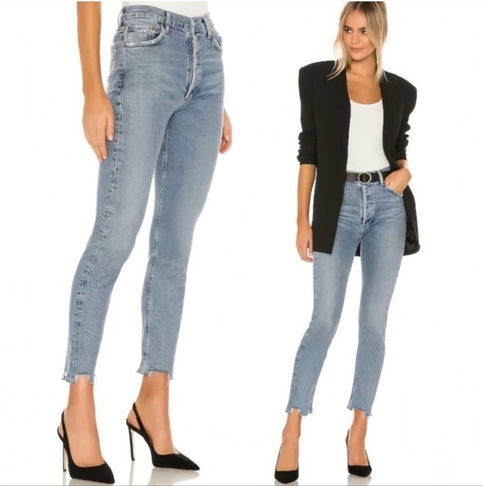 Agolde Anthropologie Nico High Rise Button Fly Denim Jeans Destroyed Hem Frayed
